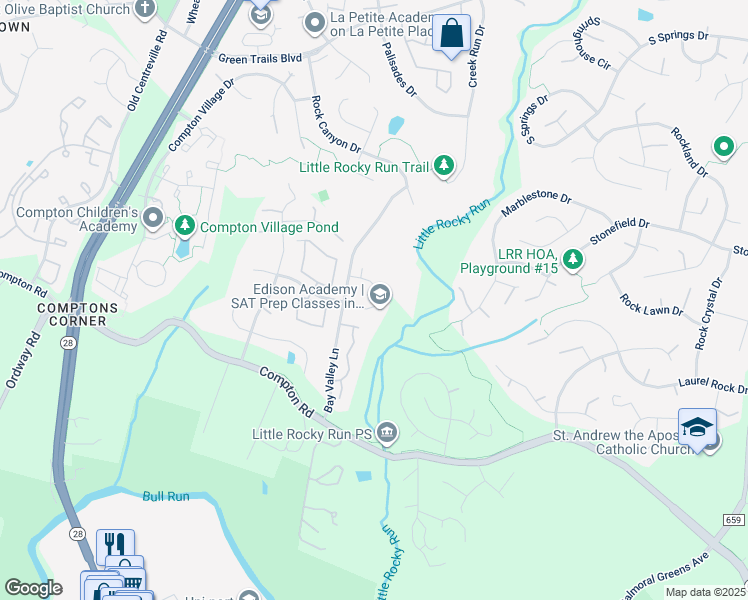 map of restaurants, bars, coffee shops, grocery stores, and more near 14150 Compton Valley Way in Centreville