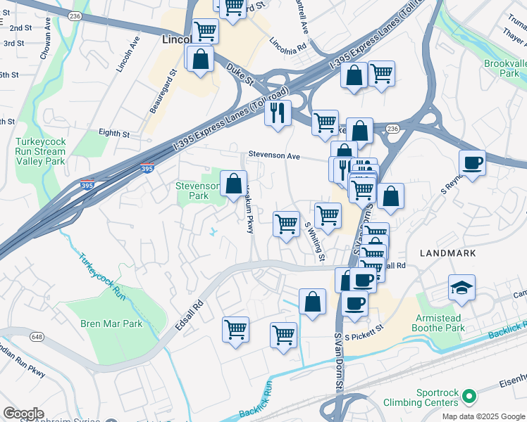 map of restaurants, bars, coffee shops, grocery stores, and more near 300 Yoakum Parkway in Alexandria