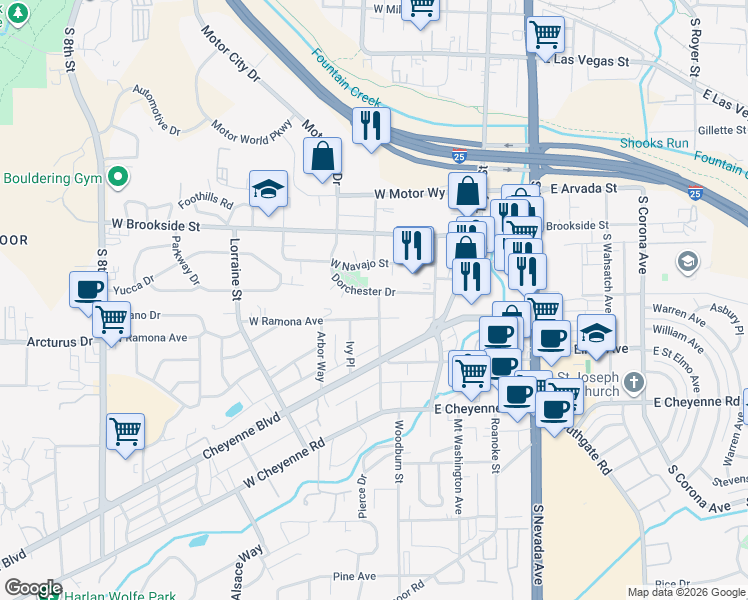 map of restaurants, bars, coffee shops, grocery stores, and more near 1668 Dorchester Drive in Colorado Springs