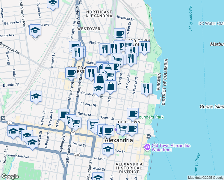 map of restaurants, bars, coffee shops, grocery stores, and more near 523 North Saint Asaph Street in Alexandria