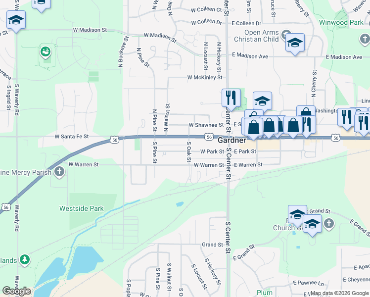 map of restaurants, bars, coffee shops, grocery stores, and more near 223 West Main Street in Gardner