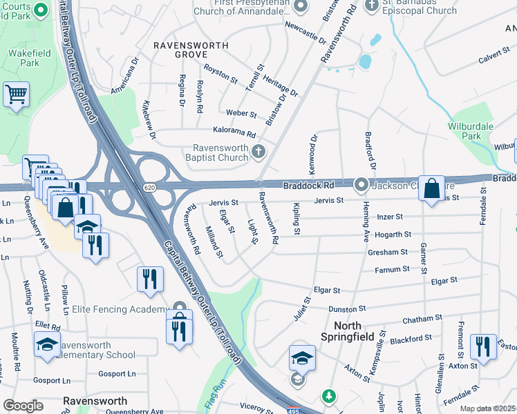 map of restaurants, bars, coffee shops, grocery stores, and more near 7701 Jervis Street in Springfield