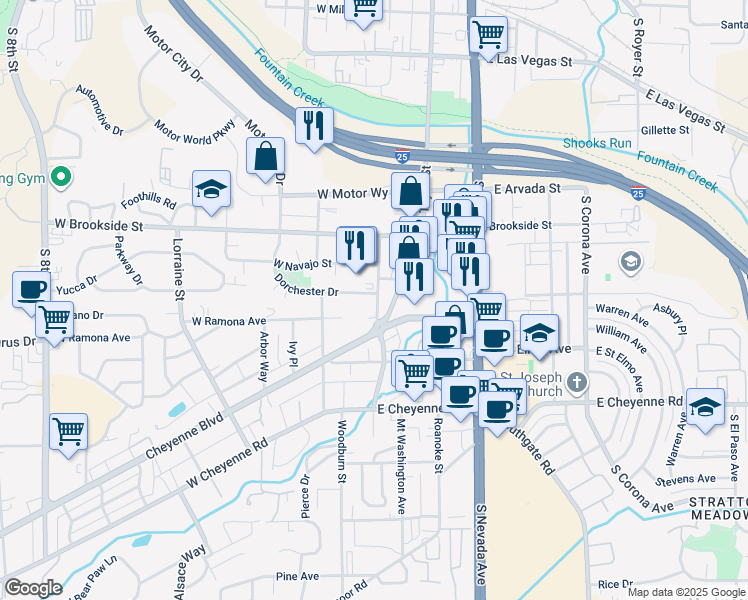 map of restaurants, bars, coffee shops, grocery stores, and more near 1604 South Cascade Avenue in Colorado Springs