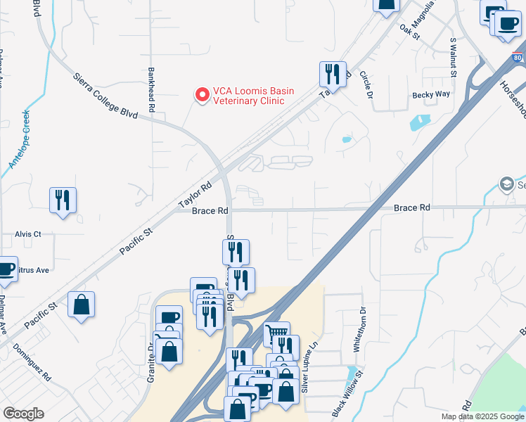 map of restaurants, bars, coffee shops, grocery stores, and more near 5397 Brace Road in Loomis