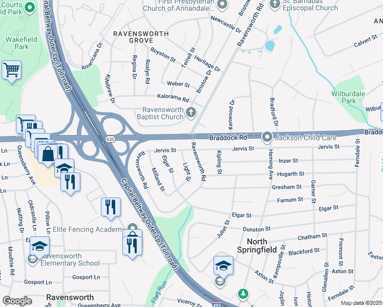 map of restaurants, bars, coffee shops, grocery stores, and more near 7701 Jervis Street in Springfield