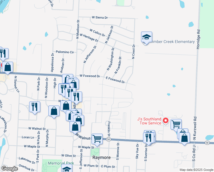 map of restaurants, bars, coffee shops, grocery stores, and more near 103 East Foxwood Drive in Raymore