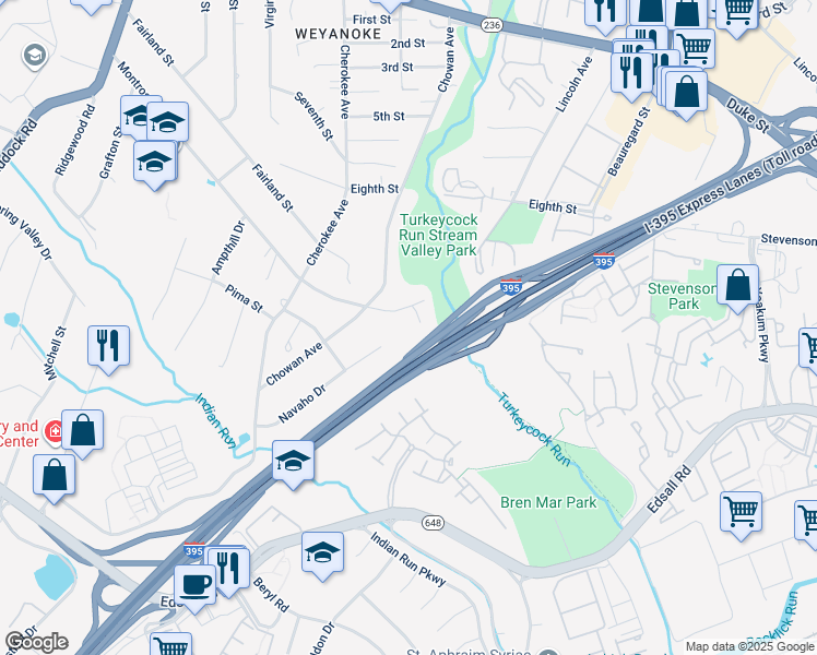 map of restaurants, bars, coffee shops, grocery stores, and more near 5214 Yuma Court in Alexandria