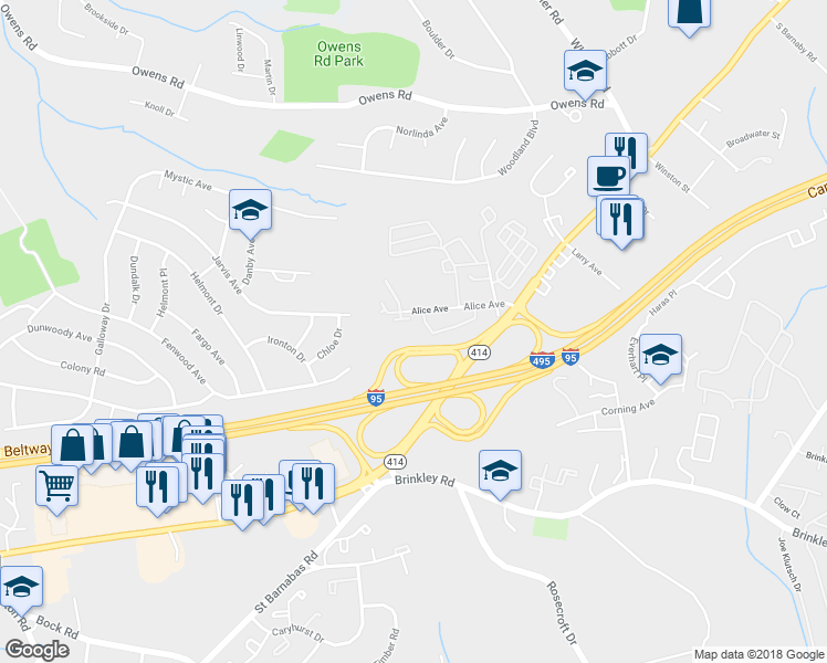 map of restaurants, bars, coffee shops, grocery stores, and more near 2071 Alice Avenue in Oxon Hill-Glassmanor