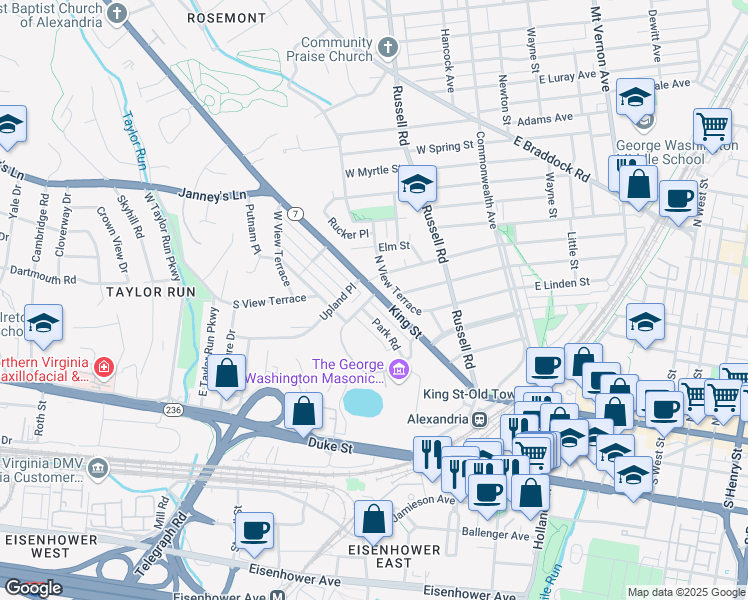 map of restaurants, bars, coffee shops, grocery stores, and more near 400 Carlisle Drive in Alexandria