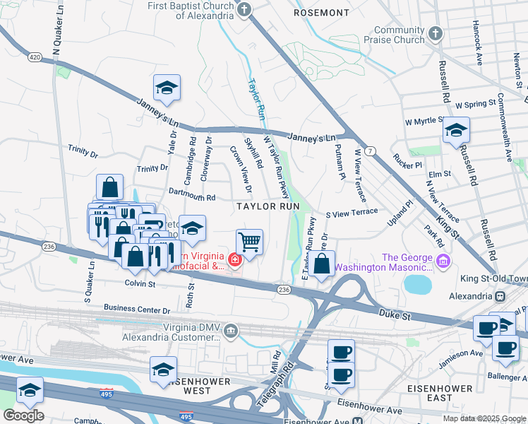 map of restaurants, bars, coffee shops, grocery stores, and more near 208 Skyhill Road in Alexandria