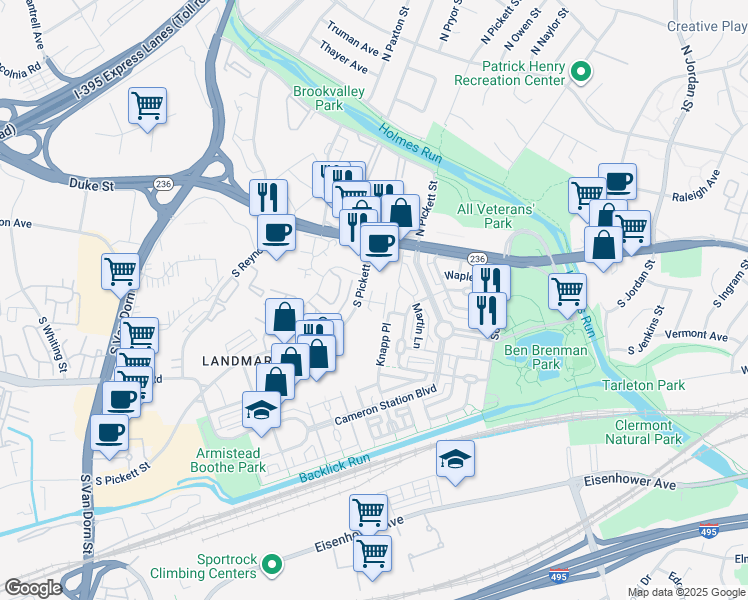map of restaurants, bars, coffee shops, grocery stores, and more near 5127 Cambria Way in Alexandria