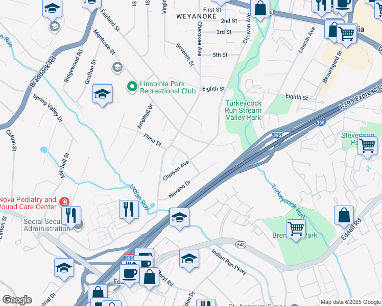 map of restaurants, bars, coffee shops, grocery stores, and more near 5212 Chowan Avenue in Alexandria