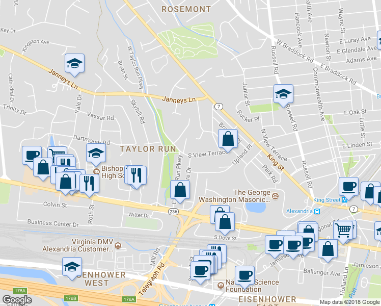 map of restaurants, bars, coffee shops, grocery stores, and more near 721 South View Terrace in Alexandria