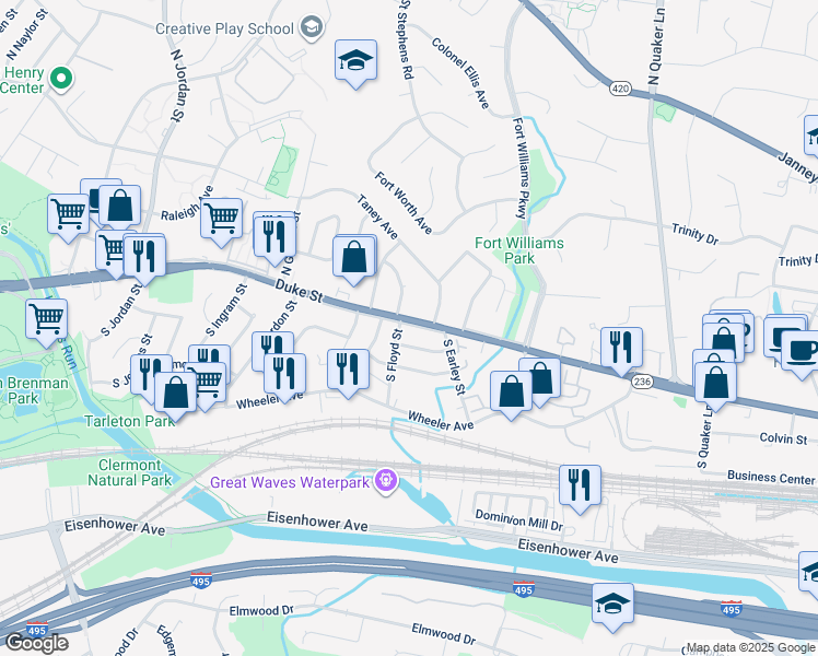 map of restaurants, bars, coffee shops, grocery stores, and more near 3924 Duke Street in Alexandria