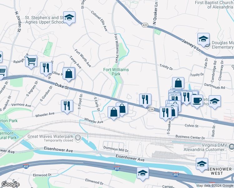 map of restaurants, bars, coffee shops, grocery stores, and more near 20 Fort Williams Parkway in Alexandria