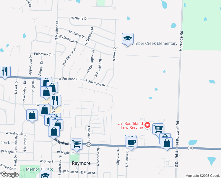 map of restaurants, bars, coffee shops, grocery stores, and more near 209 East Foxwood Drive in Raymore