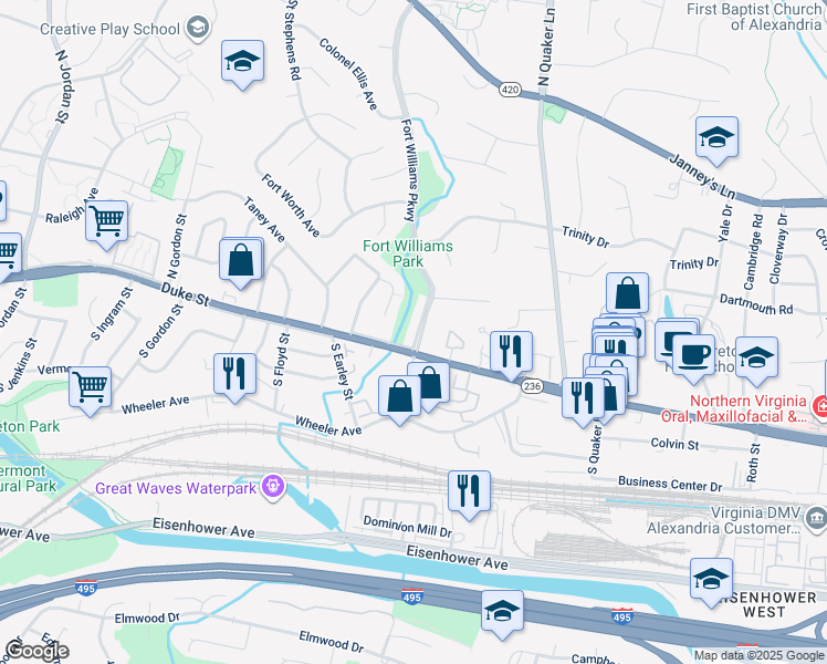 map of restaurants, bars, coffee shops, grocery stores, and more near 20 Fort Williams Parkway in Alexandria