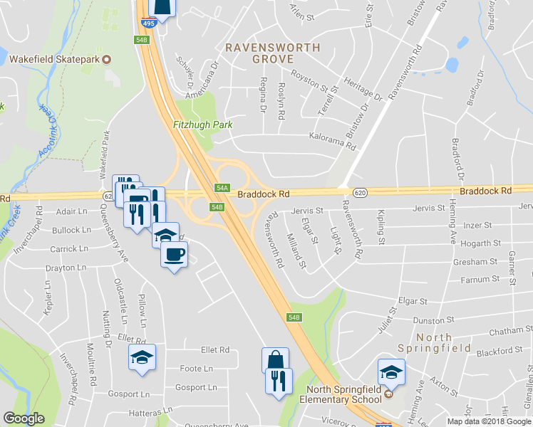 map of restaurants, bars, coffee shops, grocery stores, and more near 5354 Ravensworth Road in Springfield
