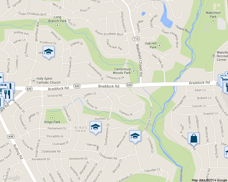 map of restaurants, bars, coffee shops, grocery stores, and more near 8407 Thames Street in Springfield