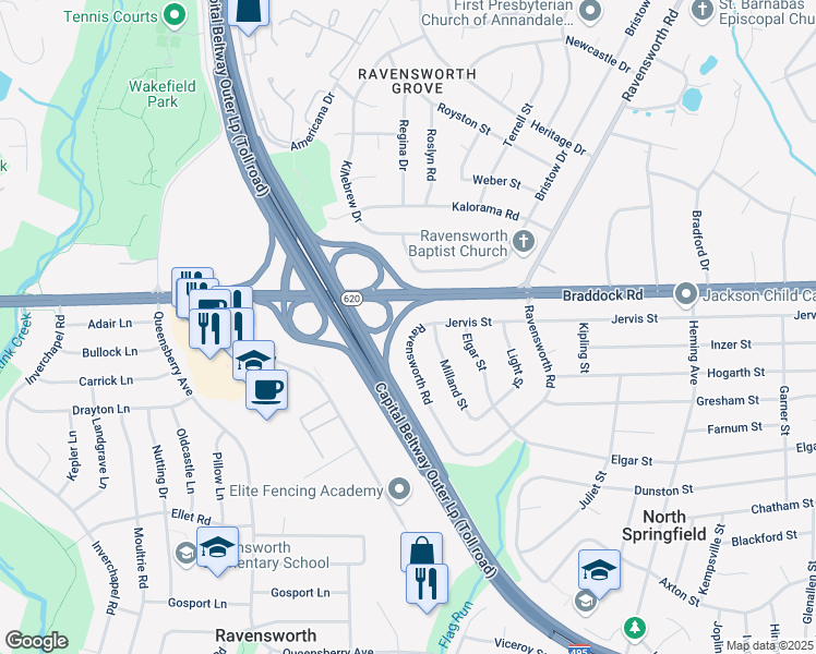 map of restaurants, bars, coffee shops, grocery stores, and more near 5354 Ravensworth Road in Springfield