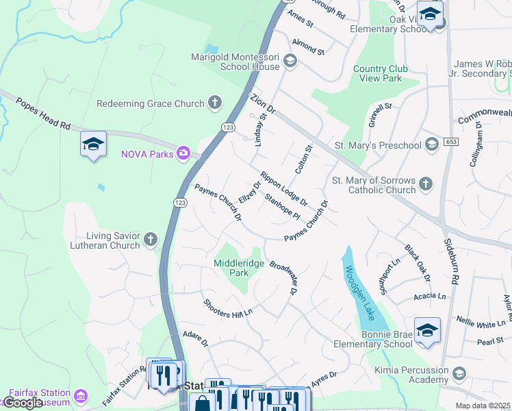map of restaurants, bars, coffee shops, grocery stores, and more near 5404 Francy Adams Court in Fairfax