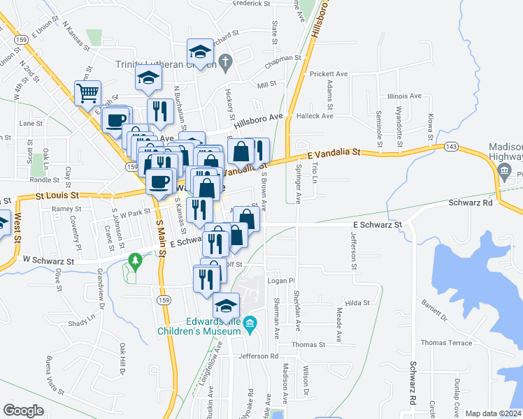 map of restaurants, bars, coffee shops, grocery stores, and more near 207 South Brown Avenue in Edwardsville