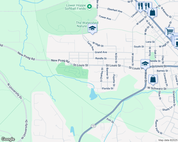 map of restaurants, bars, coffee shops, grocery stores, and more near 1300 Saint Louis Street in Edwardsville