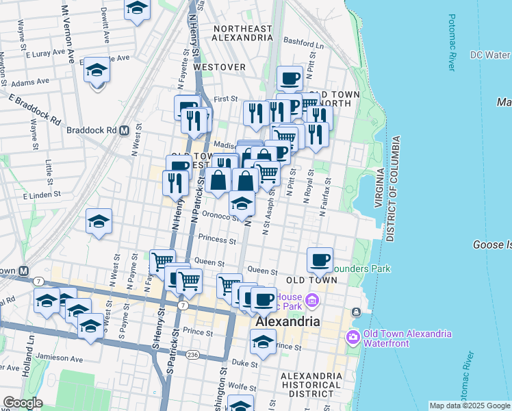 map of restaurants, bars, coffee shops, grocery stores, and more near 515 North Washington Street in Alexandria