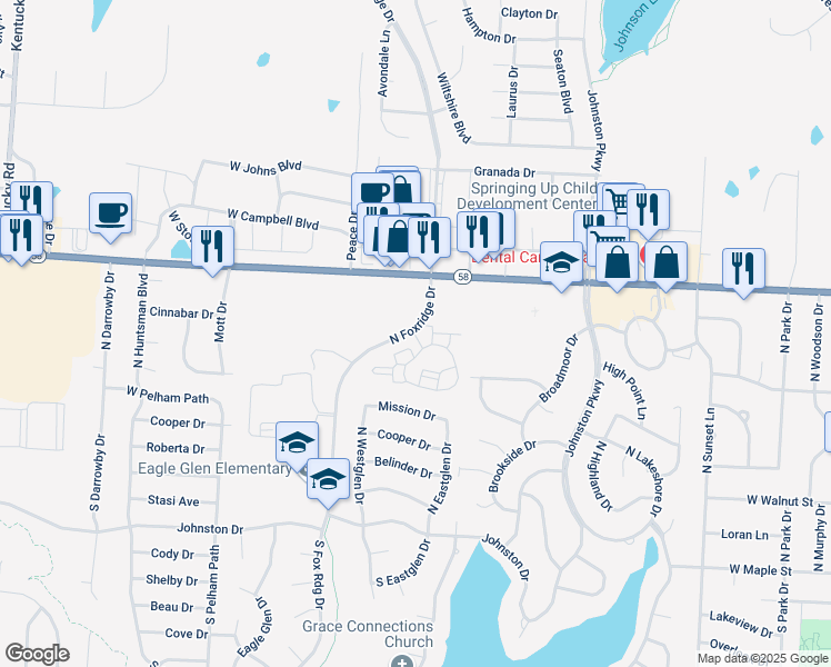 map of restaurants, bars, coffee shops, grocery stores, and more near 200 North Fox Ridge Drive in Raymore