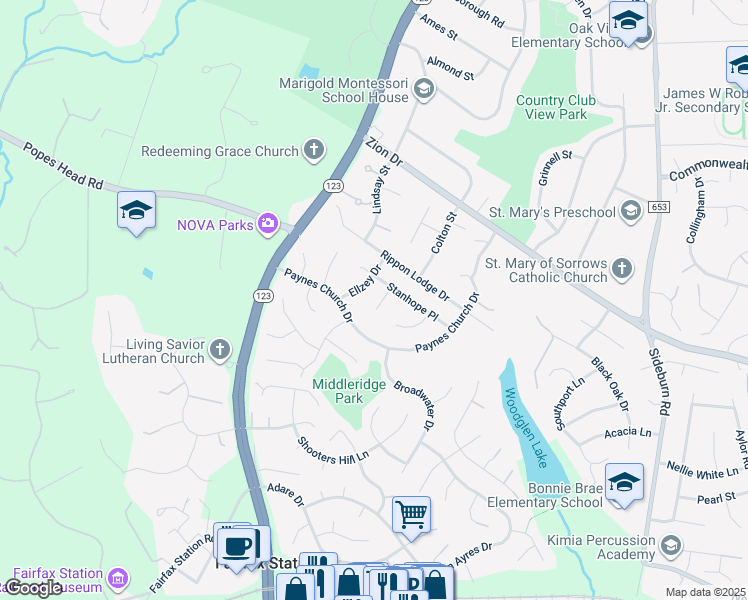 map of restaurants, bars, coffee shops, grocery stores, and more near 5404 Francy Adams Court in Fairfax