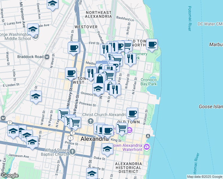 map of restaurants, bars, coffee shops, grocery stores, and more near 525 North Saint Asaph Street in Alexandria