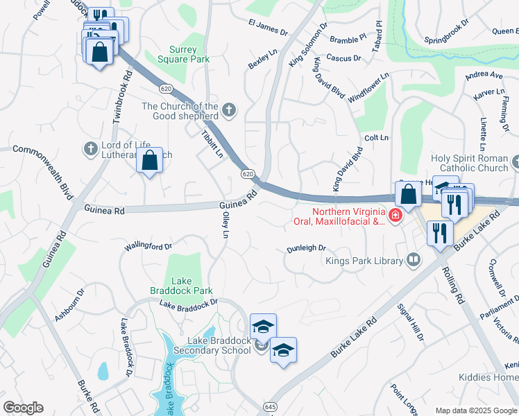 map of restaurants, bars, coffee shops, grocery stores, and more near 5223 Bradfield Drive in Burke