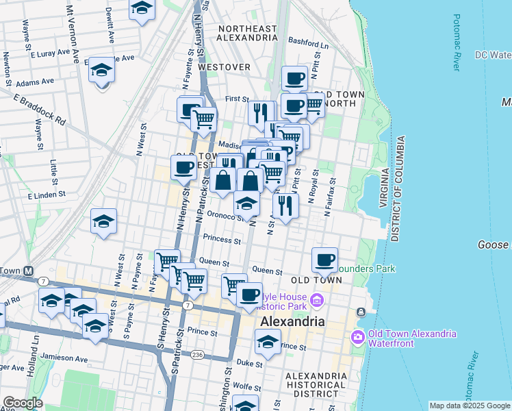 map of restaurants, bars, coffee shops, grocery stores, and more near North Washington Street in Alexandria