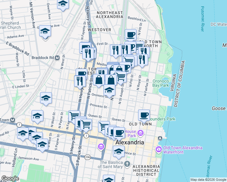 map of restaurants, bars, coffee shops, grocery stores, and more near North Washington Street in Alexandria