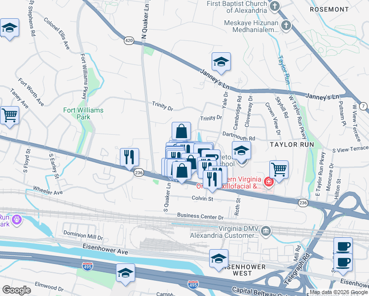 map of restaurants, bars, coffee shops, grocery stores, and more near 1216 Quaker Hill Drive in Alexandria