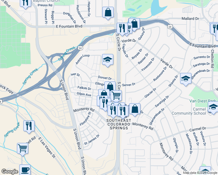 map of restaurants, bars, coffee shops, grocery stores, and more near 2563 Dorset Drive in Colorado Springs