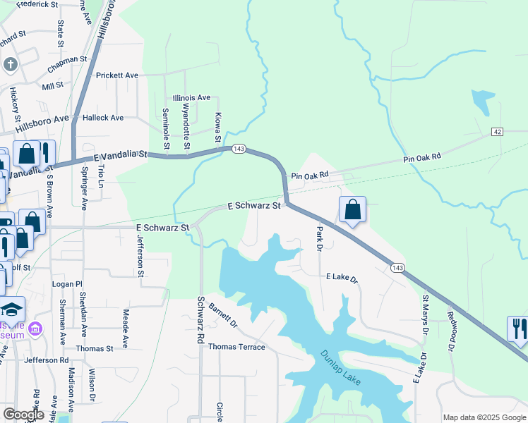 map of restaurants, bars, coffee shops, grocery stores, and more near 1 North Shore Drive in Edwardsville