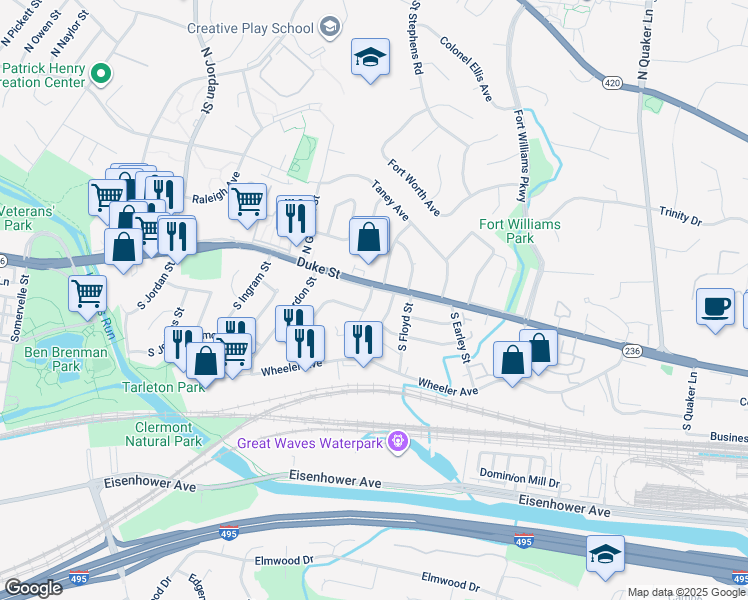 map of restaurants, bars, coffee shops, grocery stores, and more near 8 South French Street in Alexandria