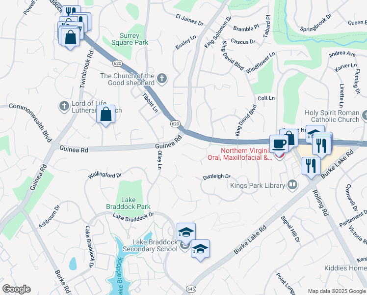 map of restaurants, bars, coffee shops, grocery stores, and more near 5223 Bradfield Drive in Burke