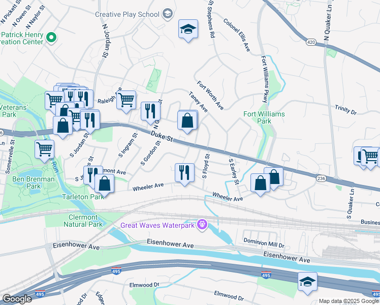 map of restaurants, bars, coffee shops, grocery stores, and more near 8 South French Street in Alexandria