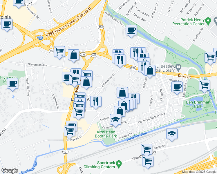 map of restaurants, bars, coffee shops, grocery stores, and more near 250 South Reynolds Street in Alexandria