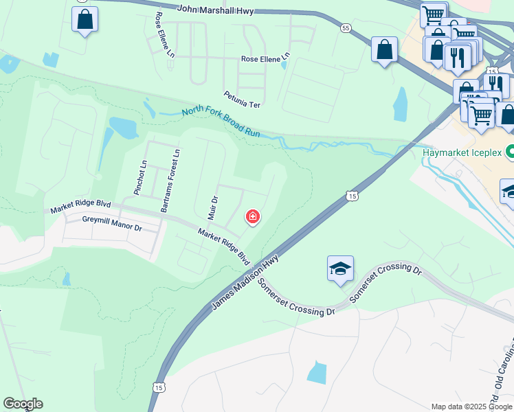 map of restaurants, bars, coffee shops, grocery stores, and more near 6742 Leopolds Trail in Haymarket