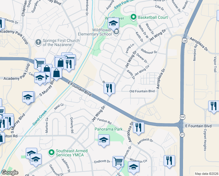 map of restaurants, bars, coffee shops, grocery stores, and more near 1580 Ride Lane in Colorado Springs