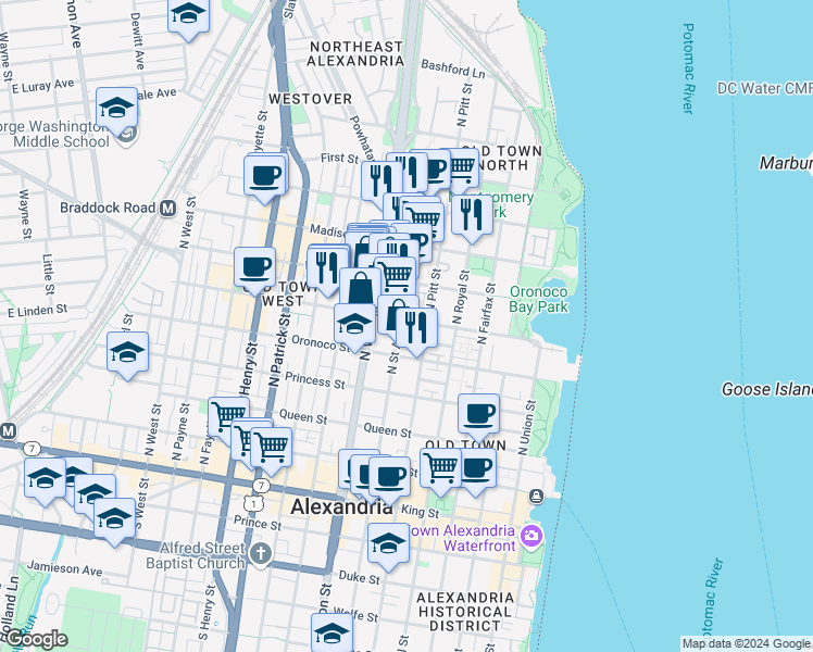 map of restaurants, bars, coffee shops, grocery stores, and more near 527 North Saint Asaph Street in Alexandria