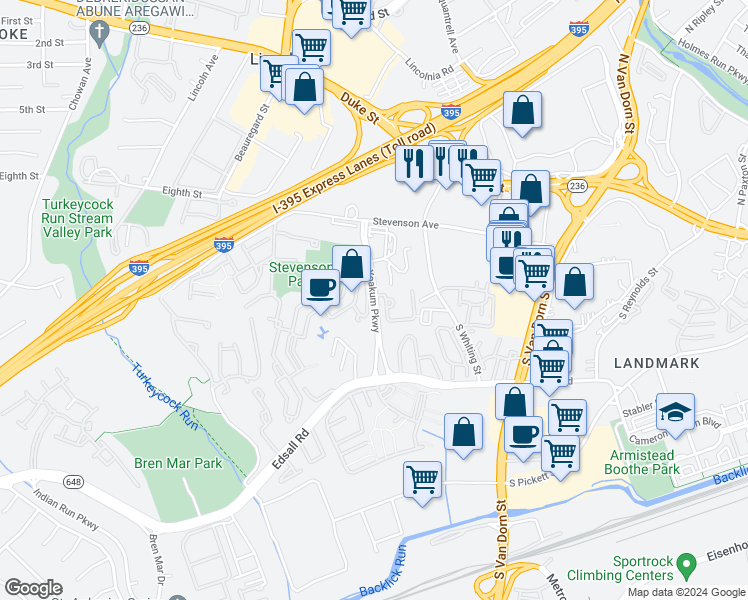 map of restaurants, bars, coffee shops, grocery stores, and more near Yoakum Parkway in Alexandria