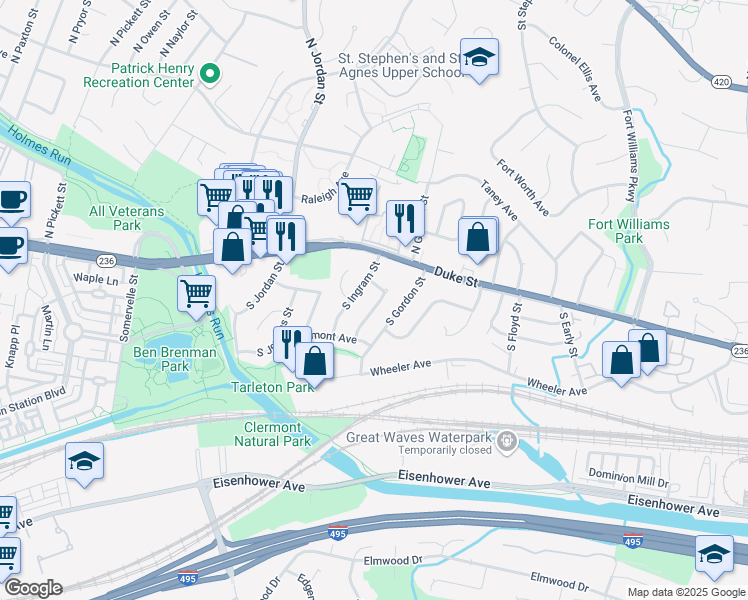 map of restaurants, bars, coffee shops, grocery stores, and more near 29 South Hudson Street in Alexandria