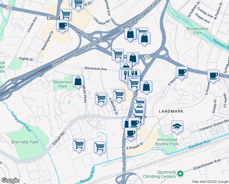 map of restaurants, bars, coffee shops, grocery stores, and more near 318 South Whiting Street in Alexandria