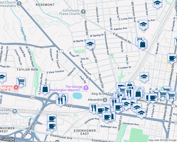map of restaurants, bars, coffee shops, grocery stores, and more near 120 West Maple Street in Alexandria