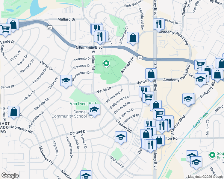 map of restaurants, bars, coffee shops, grocery stores, and more near 3542 Verde Drive in Colorado Springs