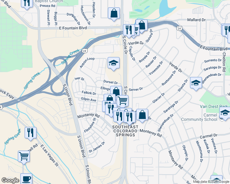 map of restaurants, bars, coffee shops, grocery stores, and more near 2563 Dorset Drive in Colorado Springs